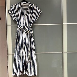 Zara Navy and White Striped Midi Dress